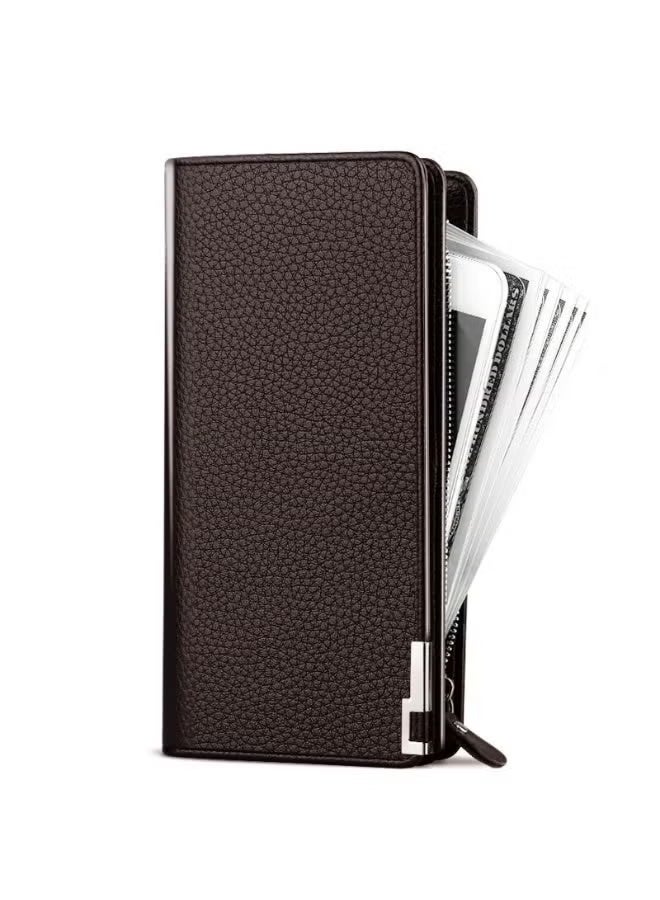 joyzzz Long Wallet for Men Genuine Leather Zipper Wallet with 30 Card Slots|2 ID Windows|RFID Blocking|Wrist Strap|Cash Compartments|Gift Package, Large Capacity Organizer Accordion Wallet, Black - Image 2